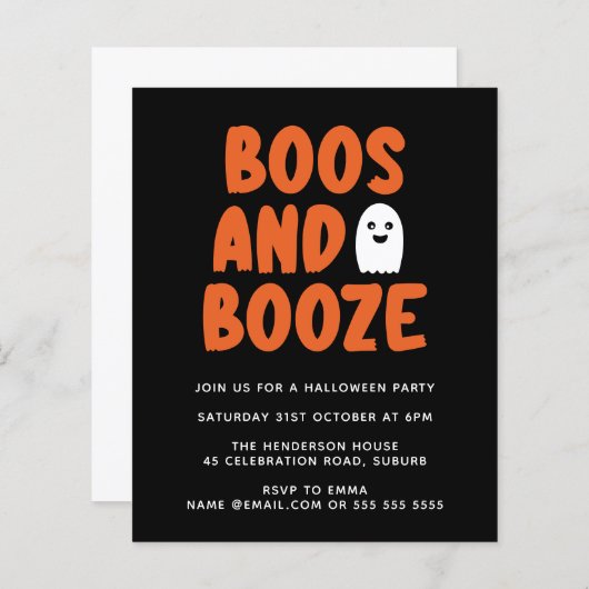 Papier Budget Boos & Booze mignon Ghost Halloween Invitat (Devant / Derrière)
