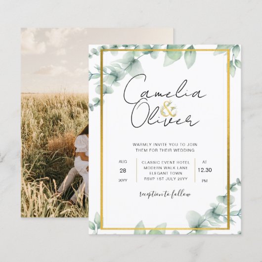 Papier Budget Botanique Verdure Or Mariage Invitations (Devant / Derrière)