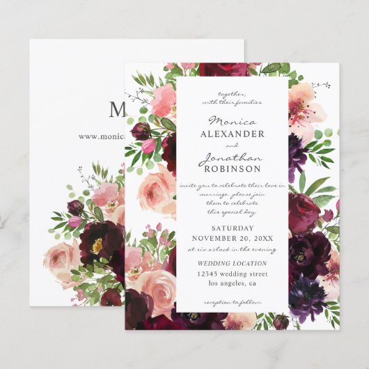 Papier Budget Bourgogne & Blush Floral Mariage sur Blanc (Devant / Derrière)