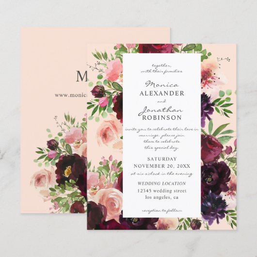 Papier Budget Bourgogne & Blush Floral Mariage sur rose (Devant / Derrière)