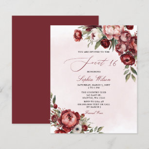 Papier Budget Bourgogne Blush Floral Sweet 16 Invitation