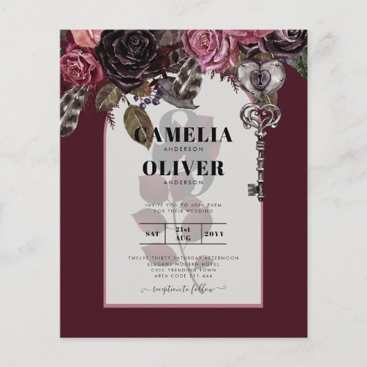 Papier Budget Bourgogne Blush Floral Wedding Inviter SATI (Devant)