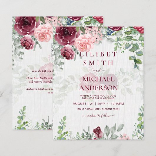 Papier BUDGET Bourgogne Blush Rose Floral Wedding INVITE (Devant / Derrière)