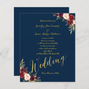 Papier Budget Bourgogne Floral Gold Blue Wedding Invitati