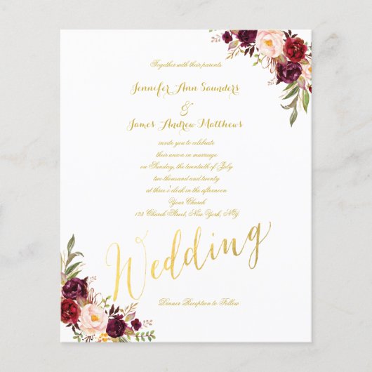 Papier Budget Bourgogne Floral Gold Script Wedding Invita (Devant)