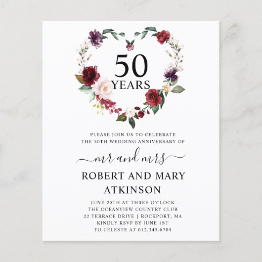Papier Budget Bourgogne Floral Invitation du 50e annivers (Devant)