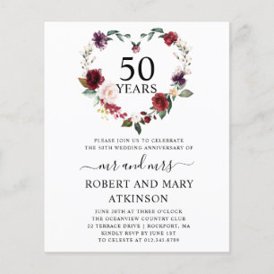 Papier Budget Bourgogne Floral Invitation du 50e annivers
