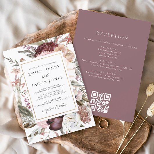Papier Budget Bourgogne Floral tout en un QR Code Mariage