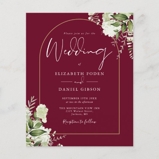 Papier Budget Bourgogne Foliage Gold Arch Wedding Invitat (Devant)