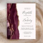 Papier Budget Bourgogne Gold Agate Blush Wedding Invitati<br><div class="desc">Le bord gauche de cette élégante faire-part de mariage moderne est orné d'une bordure en aquarelle bordeaux et d'une parties scintillant en faux or. Le texte personnalisable combine écriture manuscrite, copperplate et polices italiques en gris fusain sur un arrière - plan rose vif. L'envers est assorti d'un design d'agate bordeaux...</div>