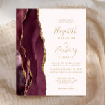 Papier Budget Bourgogne Gold Agate Blush Wedding Invitati<br><div class="desc">Le bord gauche de cette élégante faire-part de mariage moderne est orné d'une bordure en aquarelle bordeaux et d'une parties scintillant en faux or. Le texte personnalisable combine écriture manuscrite couleur or, cuivre et polices italiques sur un arrière - plan rose vif. L'envers est assorti d'un design d'agate bordeaux et...</div>