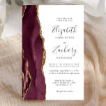 Papier Budget Bourgogne Gold Agate Faire-part de mariage<br><div class="desc">Le bord gauche de cette élégante faire-part de mariage moderne est orné d'une bordure en aquarelle bordeaux et d'une parties scintillant en faux or. Le texte personnalisable combine écriture manuscrite, copperplate et polices italiques en gris fusain sur un arrière - plan blanc. L'envers est assorti d'un design d'agate bordeaux et...</div>