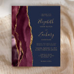Papier Budget Bourgogne Gold Agate Marine Wedding Invitat<br><div class="desc">Le bord gauche de cette élégante faire-part de mariage moderne est orné d'une bordure d'aquarelle bordeaux bordée d'une fausse parties scintillant dorée. Le texte personnalisable combine écriture manuscrite couleur or,  cuivre et polices italiques sur un arrière - plan bleu marine. L'envers est assorti d'un design d'agate bordeaux et or.</div>