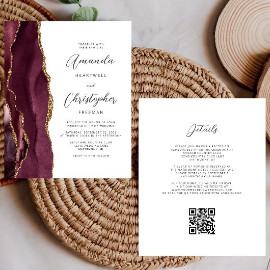 Papier Budget Bourgogne Gold Agate QR Code Mariage