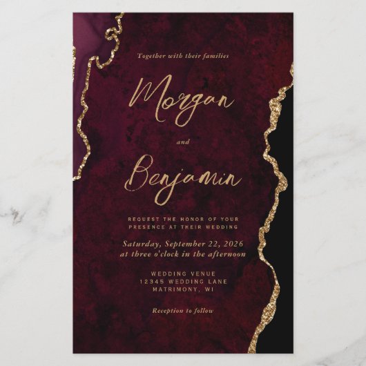 Papier Budget Bourgogne Gold Agate Script Mariage Invitat (Devant)