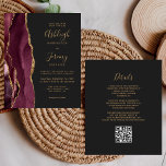 Papier Budget Bourgogne Gold Dark QR Code Mariage Invitat<br><div class="desc">Économisez le coût d'impression et d'envoi de cartes RSVP séparées avec cet élégant faire-part de mariage tout-en-un moderne. Le bord gauche est doté d'une bordure d'aquarelle bordeaux et d'une parties scintillant en faux or. Le texte personnalisable combine écriture manuscrite dorée, cuivre et polices italiques sur un arrière - plan noir...</div>