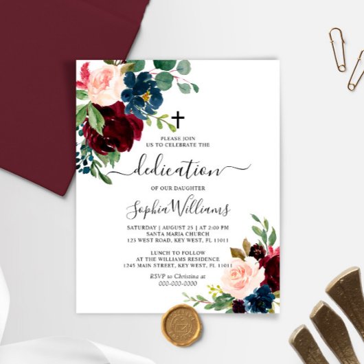 Papier Budget Bourgogne & Marine Dedication Invitation