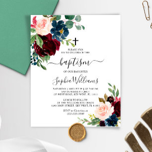 Papier Budget Bourgogne & Marine Floral Baptism Invitatio