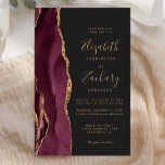 Papier Budget Bourgogne Or Agate Dark Faire-part de maria<br><div class="desc">Le bord gauche de cette élégante faire-part de mariage moderne est orné d'une bordure en aquarelle bordeaux et d'une parties scintillant en faux or. Le texte personnalisable combine écriture manuscrite couleur or, cuivre et polices italiques sur un arrière - plan non noir. L'envers est assorti d'un design d'agate bordeaux et...</div>
