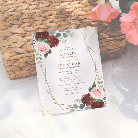 Papier Budget Bourgogne or & Blush rose Mariage floral