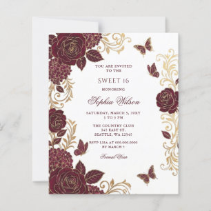 Papier Budget Bourgogne Or Floral Papillon Sweet 16