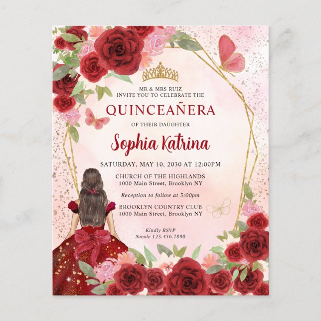 Papier Budget Bourgogne Or Floral Princesse Quinceañera (Devant)