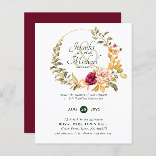 Papier BUDGET Bourgogne Pêcher Floral Invitations de mari (Devant / Derrière)