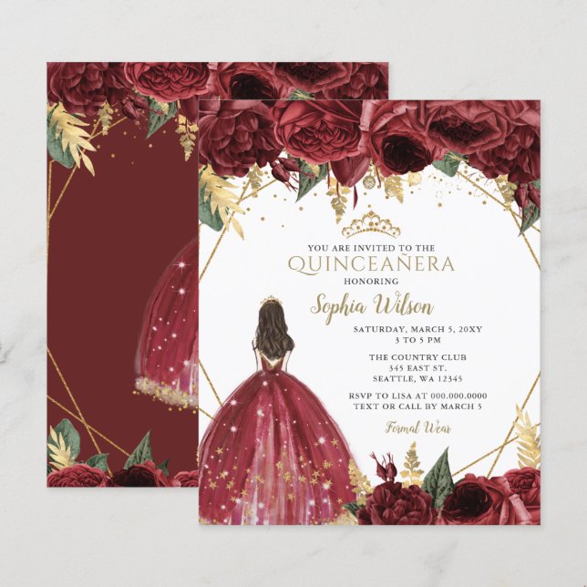 Papier Budget Bourgogne Princesse Quinceañera Invitation (Devant / Derrière)