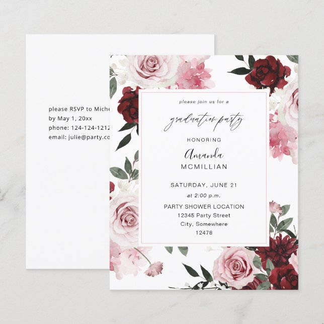 Papier Budget Bourgogne & rose Floral 6 Graduation Party (Devant / Derrière)