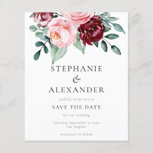 Papier Budget Bourgogne Rose Floral Enregistrer la Date
