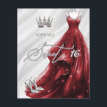 Papier Budget Bourgogne Rouge Robe Douce 16 Invitation<br><div class="desc">Budget Argent Bourgogne Rouge Étincelle Robe Princesse Sweet 16 Invitation</div>