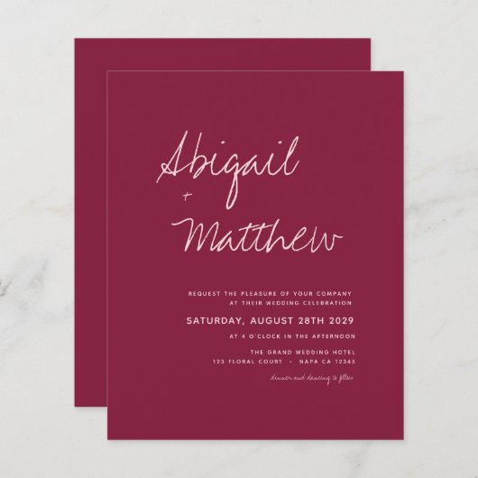 Papier Budget Bourgogne Simple Faire-part de mariage mode (Devant / Derrière)