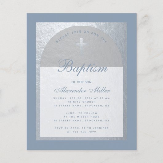 Papier Budget Boy Baptism Dusty Blue Silver Invitation (Devant)