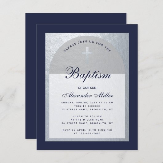 Papier Budget Boy Baptism Silver Navy Blue Invitation (Devant / Derrière)