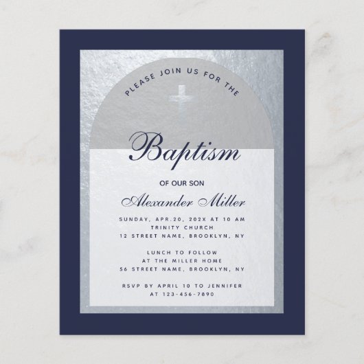 Papier Budget Boy Baptism Silver Navy Blue Invitation (Devant)