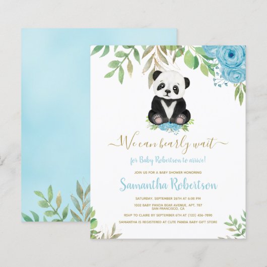 Papier Budget Boy Bear Blue Flower Baby shower Invitation (Devant / Derrière)