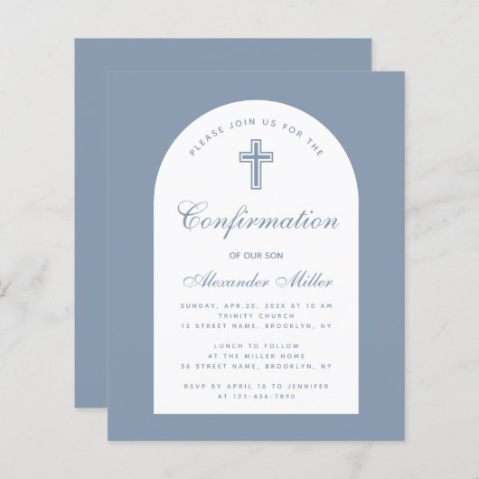 Papier Budget Boy Dusty Blue Arch confirmation Invitation (Devant / Derrière)