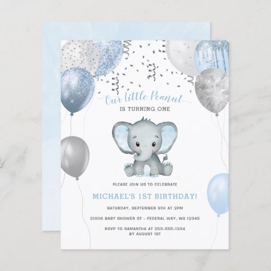 Papier Budget Boy Elephant Ballons 1er Invitation d'anniv (Devant / Derrière)