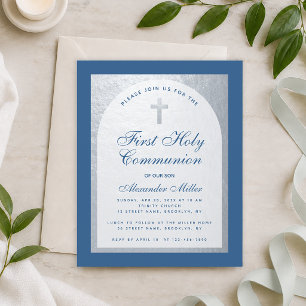 Papier Budget Boy First Communion Blue Silver Invitation