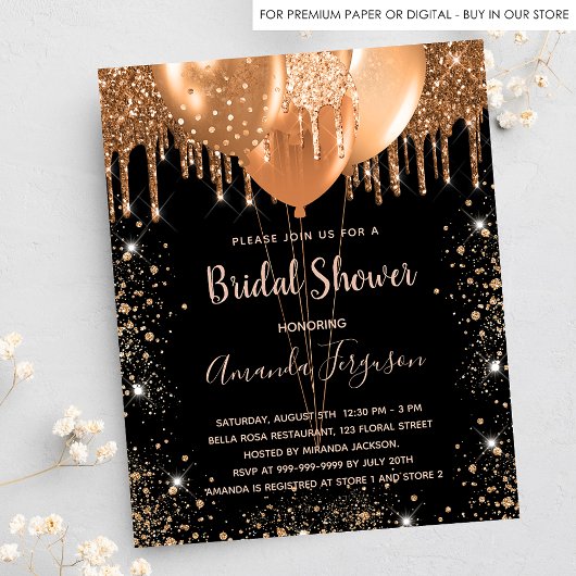 Papier Budget bridal shower black gold balloon invitation