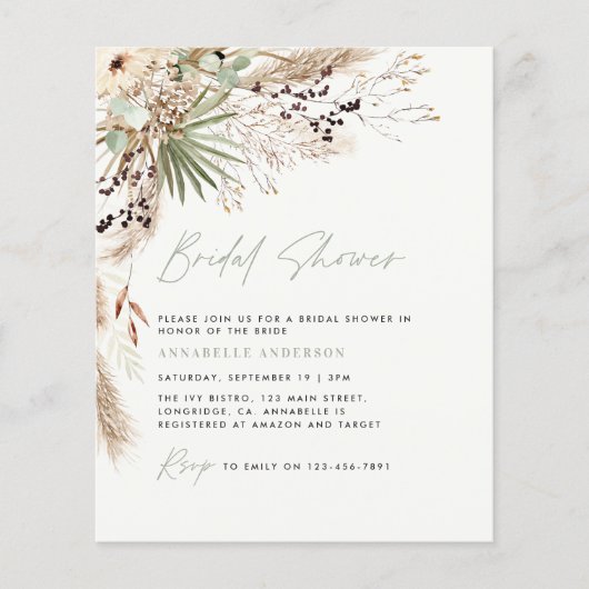 Papier budget Brive douche pampas herbe boho invitation (Devant)