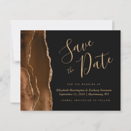 Papier Budget Brown Agate Noir Mariage Enregistrer la dat (Devant)