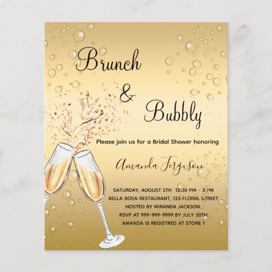 Papier Budget Brunch Bubbly Fête des mariées or invitatio (Devant)