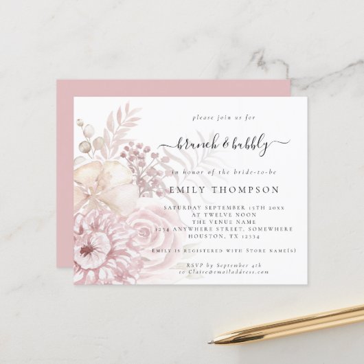 Papier Budget Brunch Bubbly Floral Fête des mariées Invit (Devant/Arrière en situation)