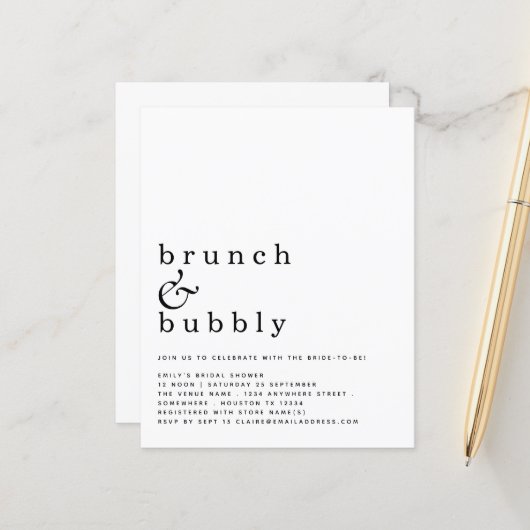 Papier Budget Brunch Bubbly Simple Fête des mariées Invit (Devant/Arrière en situation)
