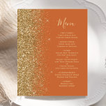 Papier Budget Burange Orange Gold Parties scintillant Men<br><div class="desc">Le bord gauche de cet élégant menu mariage moderne présente une bordure de parties scintillant en faux or. Le texte personnalisable combine un script d'écriture fantaisiste couleur or et des polices de cuivre sur un arrière - plan orange brûlé. L'envers présente une parties scintillant orange brûlée et dorée assortie.</div>