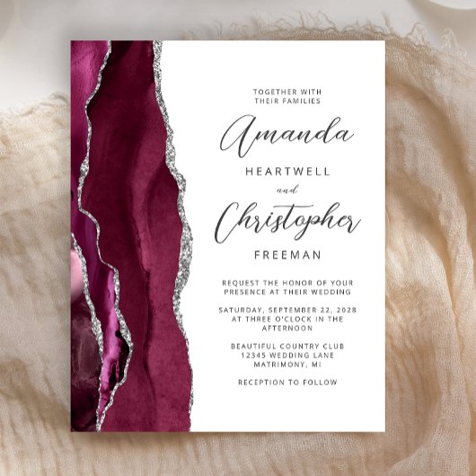 Papier Budget Burgundy Argent Agate Faire-part de mariage