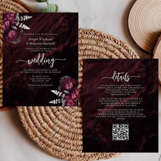 Papier Budget Burgundy Argent Floral QR Code Mariage