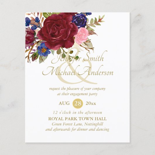 Papier Budget Burgundy Bleu Rose Mariage Fiançailles (Devant)