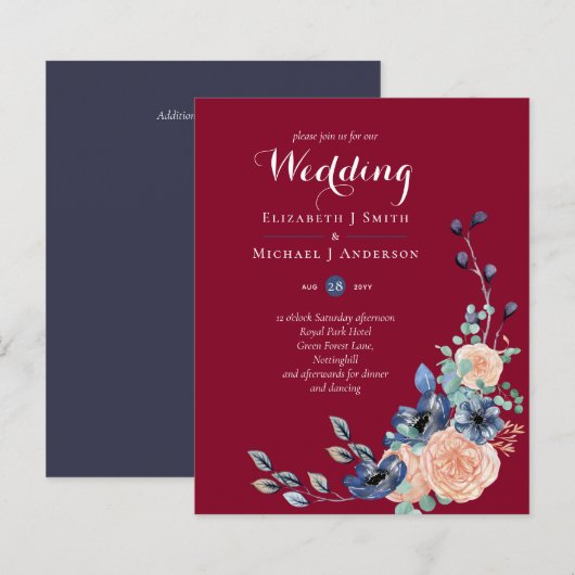 Papier Budget Burgundy Blue Peach Floral Mariage (Devant / Derrière)